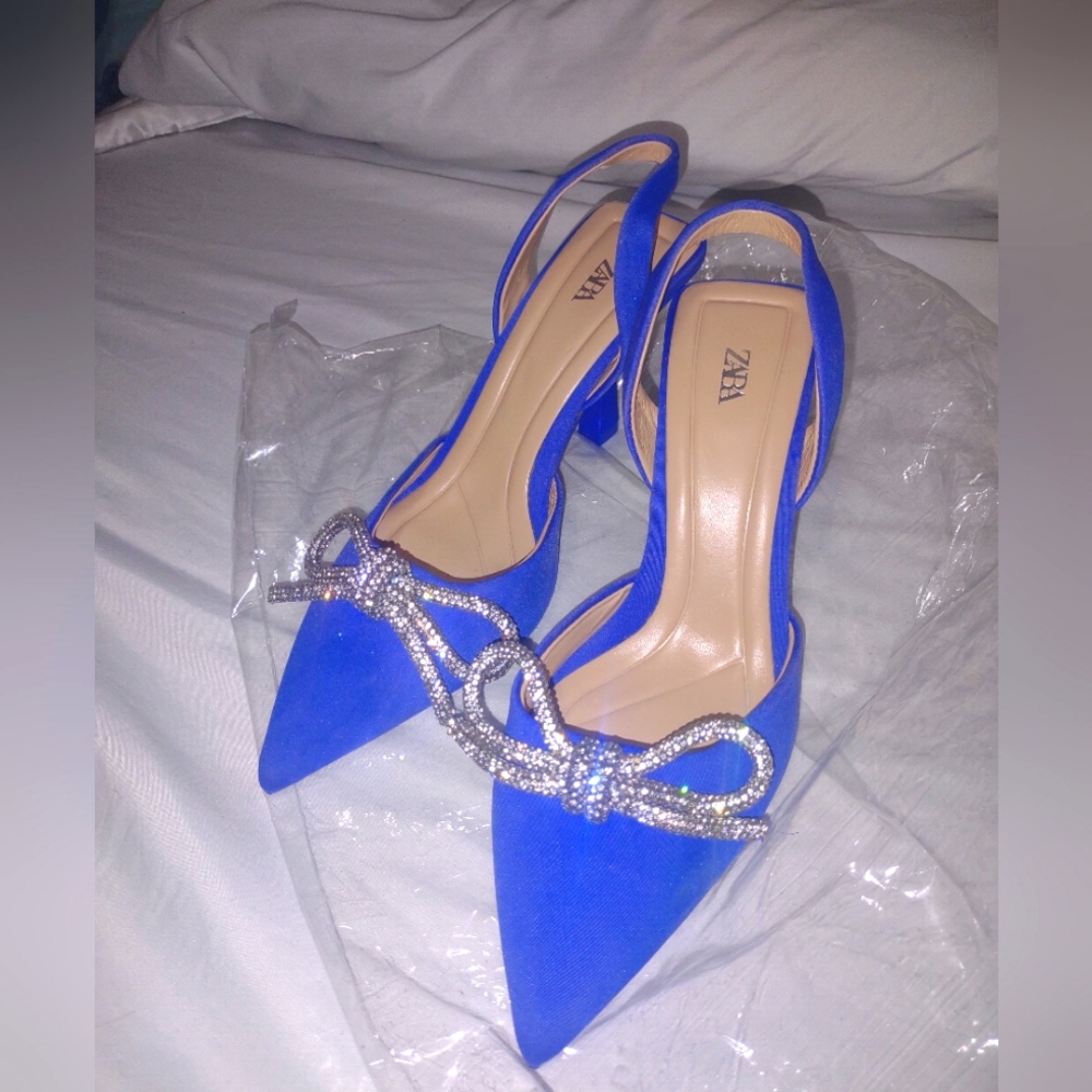 ZARA EMBELLISHED BOW HEELED SLINGBACKS ELEGANT SHORT HEELS